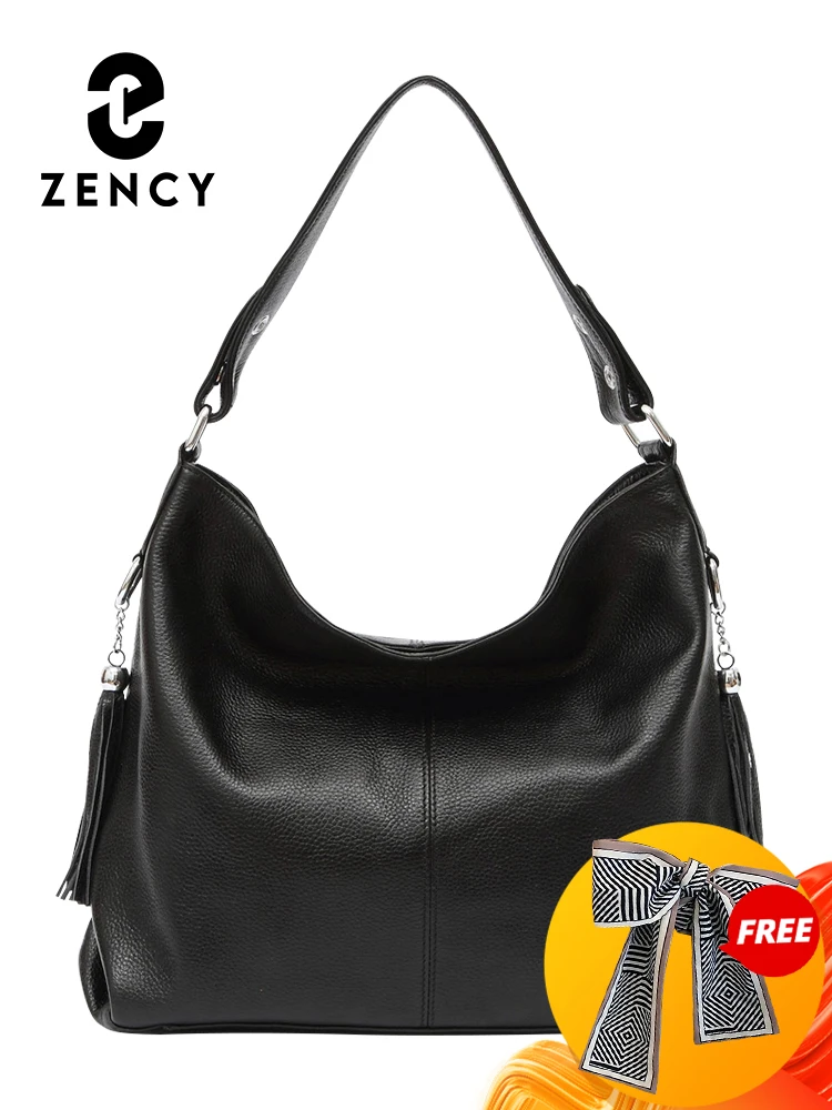 Zency Fashion Women Soft Black Shoulder Bag Big Tote Genuine Leather Handbag Crossbody Tassel Leather Shopper Travel Bag