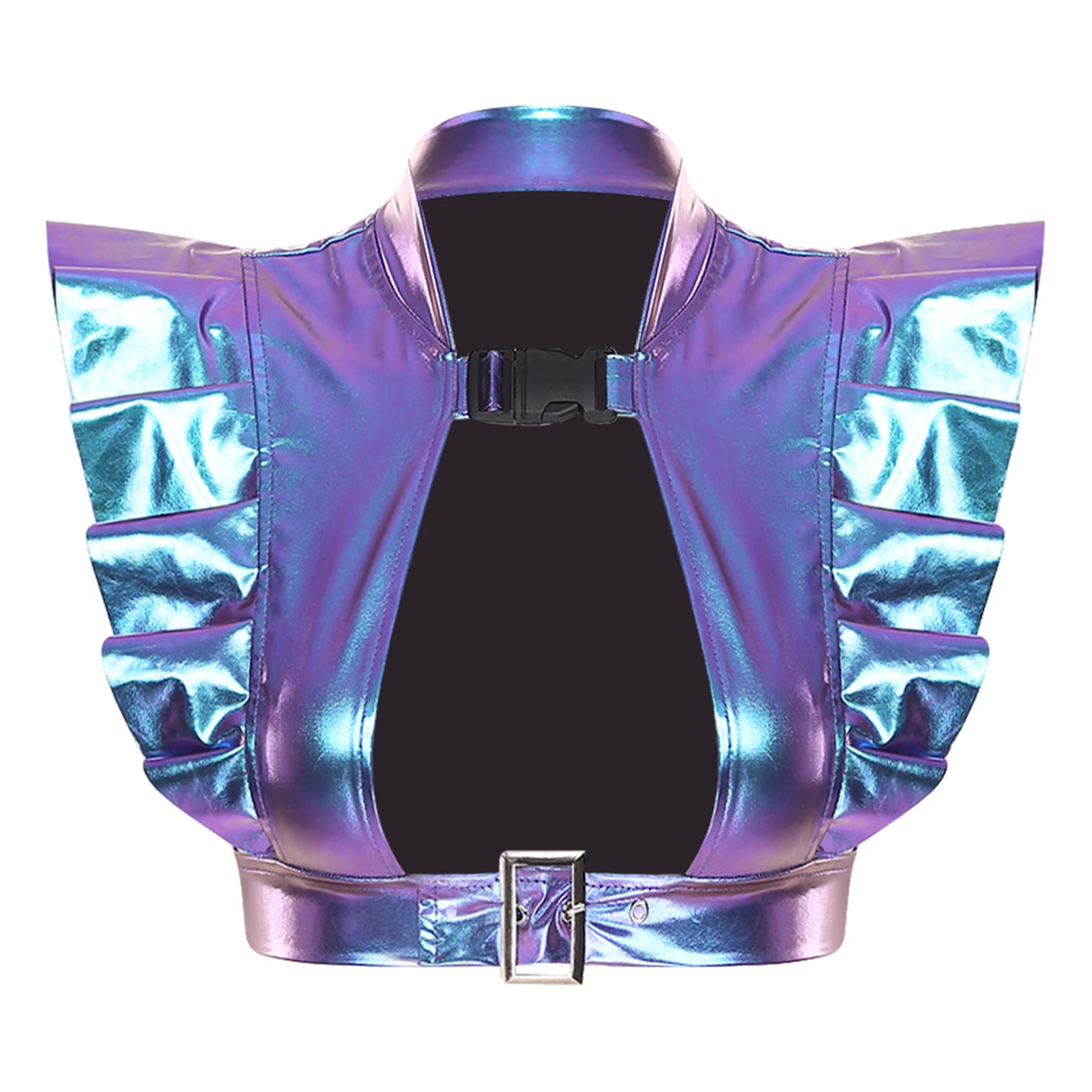 Womens Shiny Metallic Shoulder Armor Costume Accessory Adjustable Straps Ruffled Trim Shrug Crop Top for Rave Party Carnival