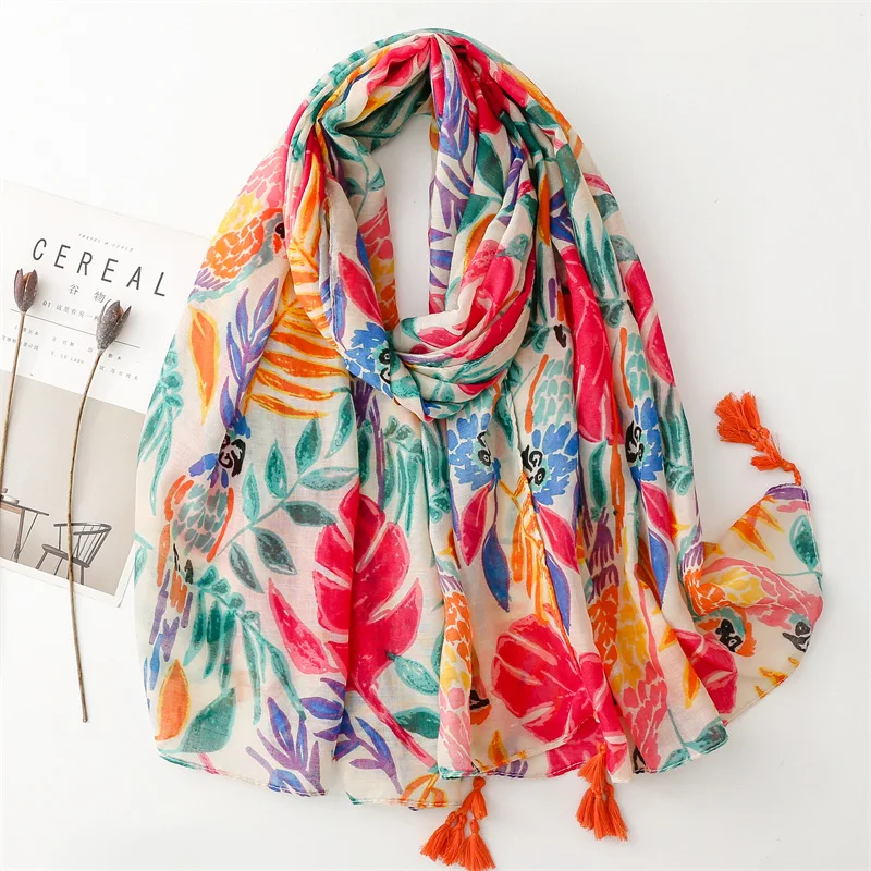 

2023 Newest Women Floral Pattern Scarf Cotton Voile Tassel Scarf Shawls 4prints