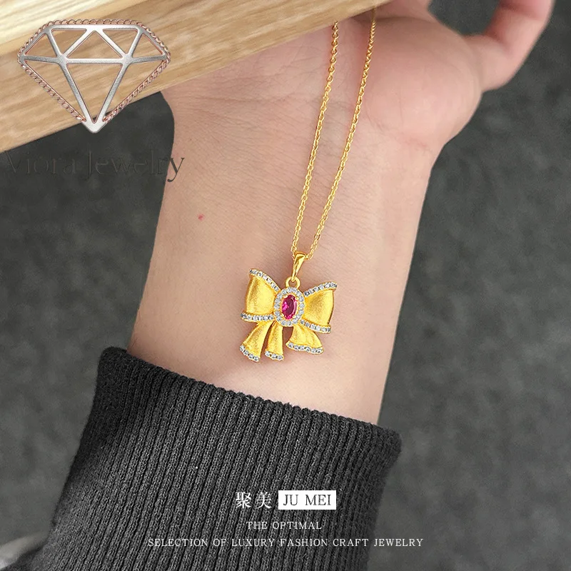 

Viora Jewelry 9999 24K real gold high sense in the fugitive princess bow ruby pendant necklace with ancient gold and diamond bow