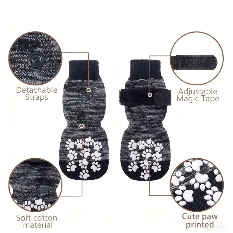 4 Pcs Waterproof Anti-slip Dog Socks, Suitable For Dogs & Cats Indoor Outdoor Wear Designed For Don't Like Shoes And Older Pets view 3