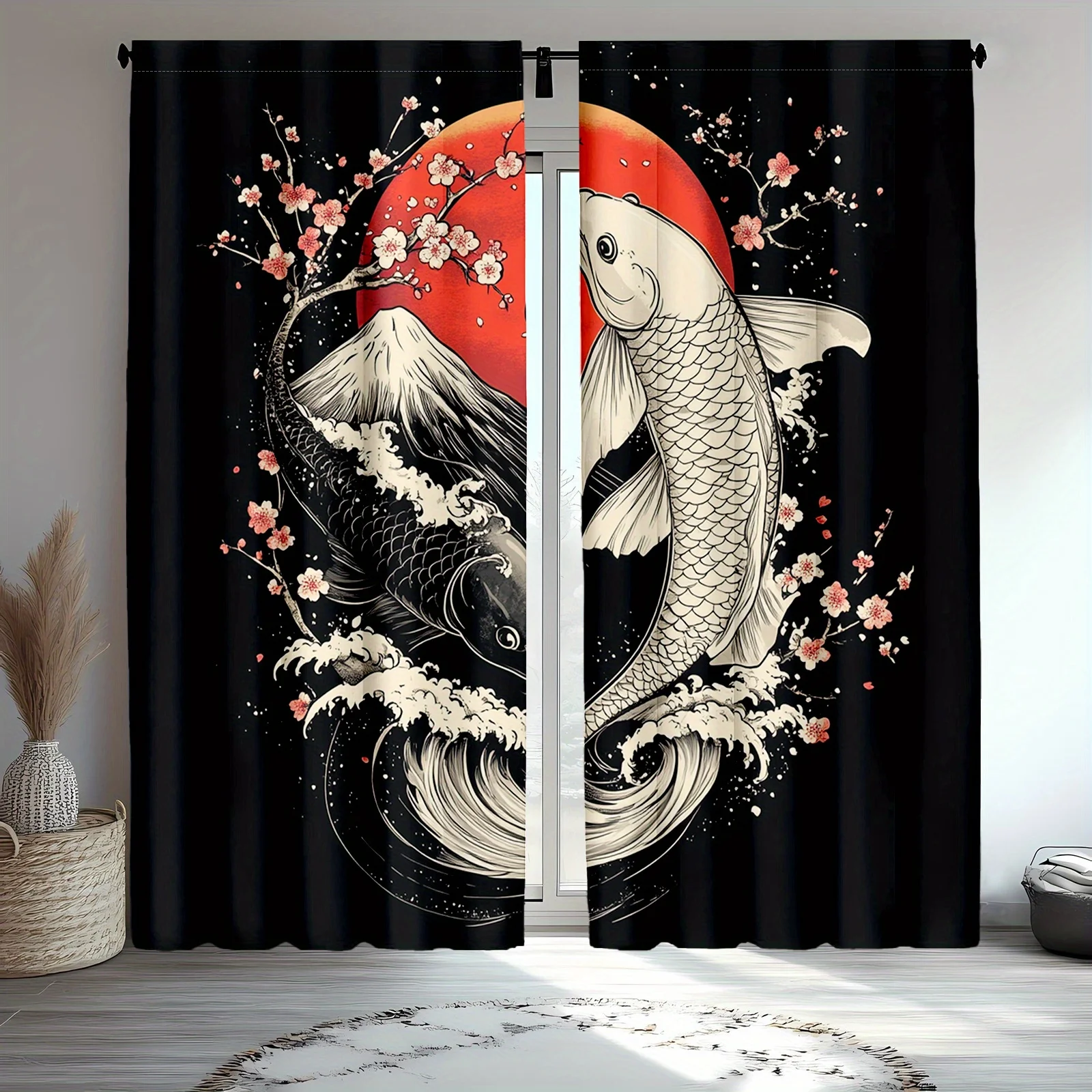 2pcs Great Wave Japanese Curtains, Yin Yang and Cherry Blossom Anime Style Drapes for Bedroom