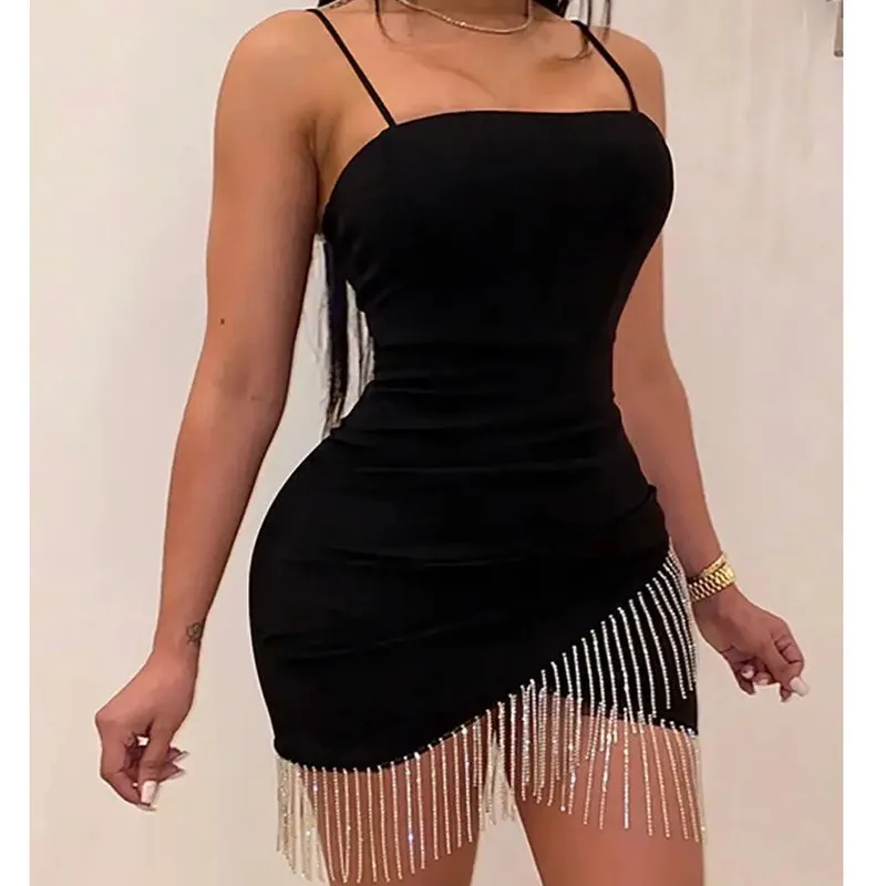

New Woman Party Tassel Split Sleeveless Dress Summer Elegant Suspender Short Mini Pencil Sexy Dresses Women Summer Dress