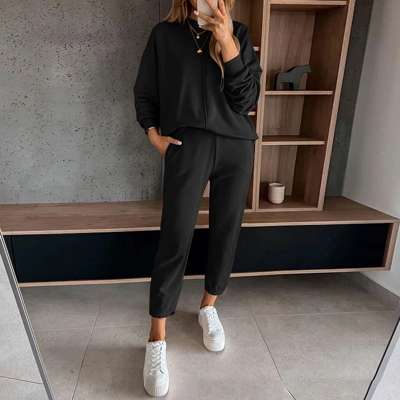 Casual Solid Loose Women Tracksuit 2 Pieces Round Neck Sweatshirt Pullover Sweatpants Outfits Winter Long Sleeve Sportswear Suit