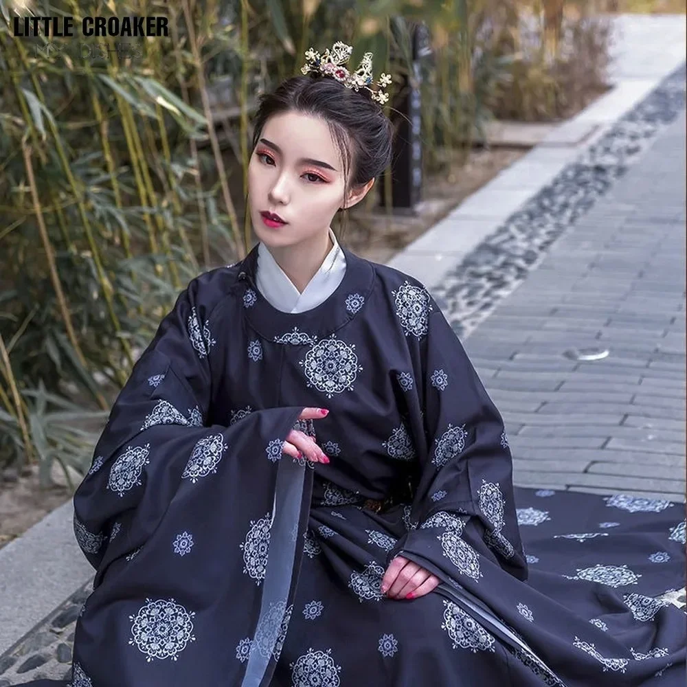 오리지널 한푸 명나라 스타일 중국 고대 코스튬 한푸 와이드 슬리브 라운드 넥 로브, 중국 전통 남성 여성 데일리 의류