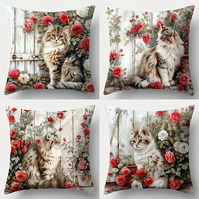 4PCS Set, Sofa Cushion Covers: Elegant Cat & Rose Pillow Cases, Home Decor, Lumbar Support Pillow Covers, Insert Not Included