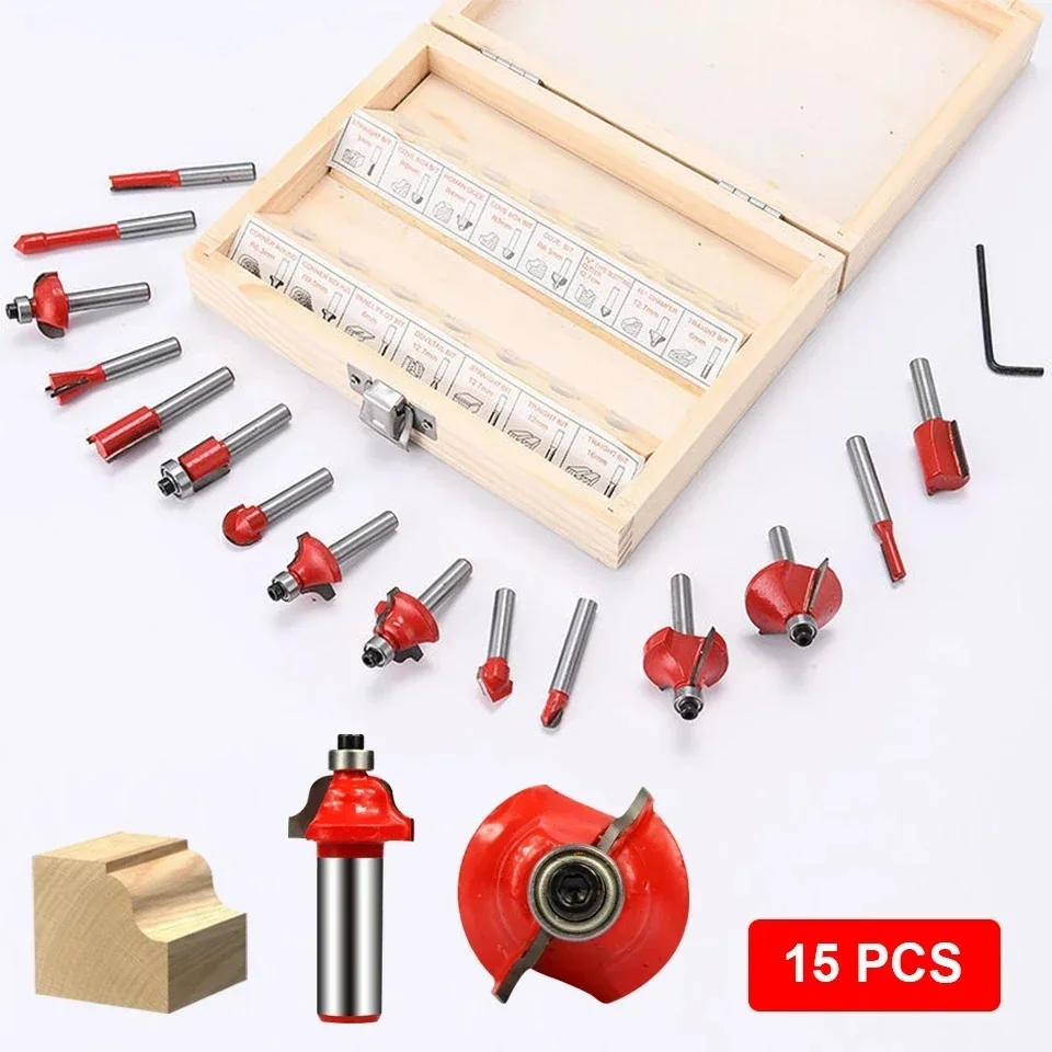 15 pcs Milling Cutter Kits for Wood Router Woodworking Electric Trimmer Wood Milling Engraving Slotting Trimming Machine