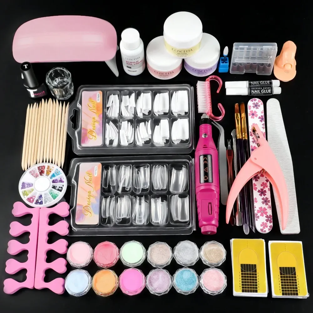 

Набор для акриловых ногтей COSCELIA для начинающих, полный комплект для акриловых ногтей с фрезером и УФ-светодиодной лампой, 15 цветов с блестками