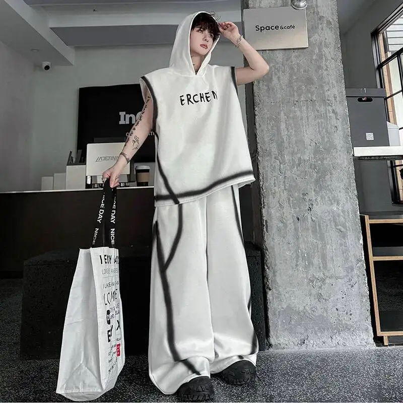 LUZHEN 2026 Sleeveless Summer Hoodies Tie-dyed Sweatshirt Stripe Letter Loose Wide Leg Casual Pants Men's Two-piece Sets JY9046 - view 4