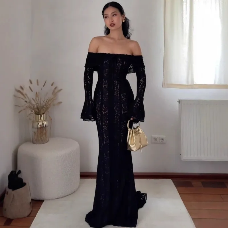 Slim Fit Bell Sleeve Gown High Waist European and American Style with Pullover Long Sleeve Party Dress for Women Travel Party