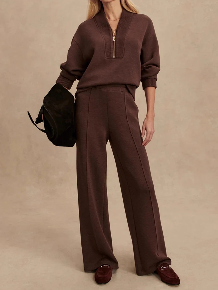 Elegante scollo a V con cerniera Top e pantaloni lunghi Set Tasca causale da donna Manica lunga Abito semplice Abbigliamento sportivo di moda Abiti da 2 pezzi lavorati a maglia