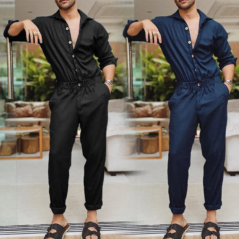 Overalls Jumpsuits Trousers Elastic Waist Fashion Lapel Collar Long Pants Mens Overalls Single Breasted 2023 New Mans