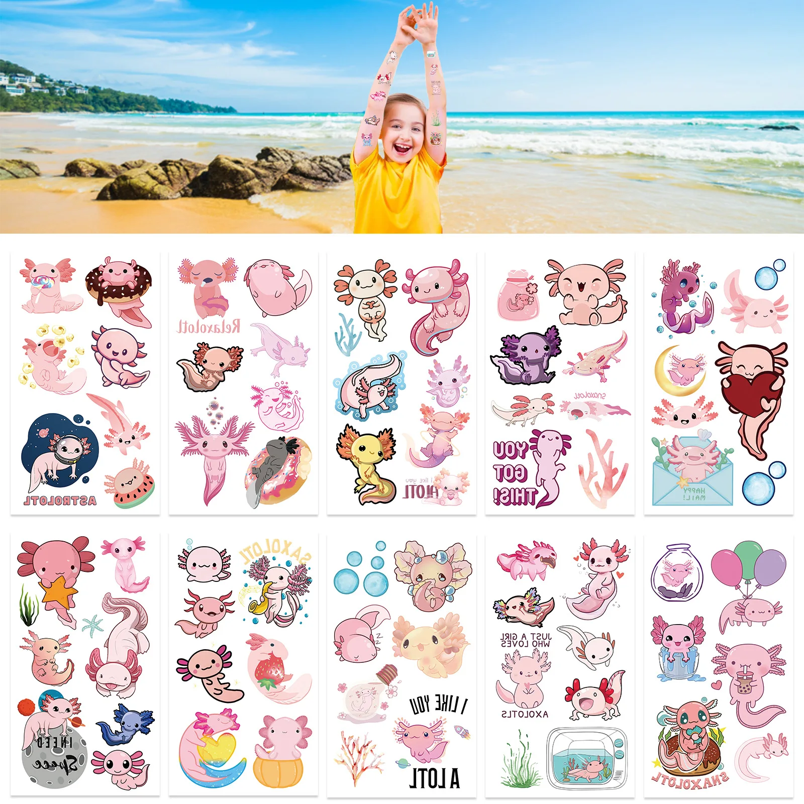 

10Sheets/Set Cute Salamander Tattoo Stickers Animal Temporary Decal Decoration Luggage Phone Guitar Skateboard Classic Kid Toys