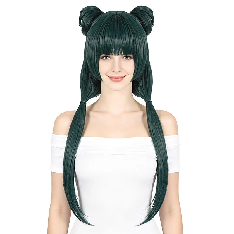Maomao Cosplay Wig 70cm Dark Green Double Bun Long Straight Heat Resistant Synthetic Anime Wigs For Women Halloween Daily Party