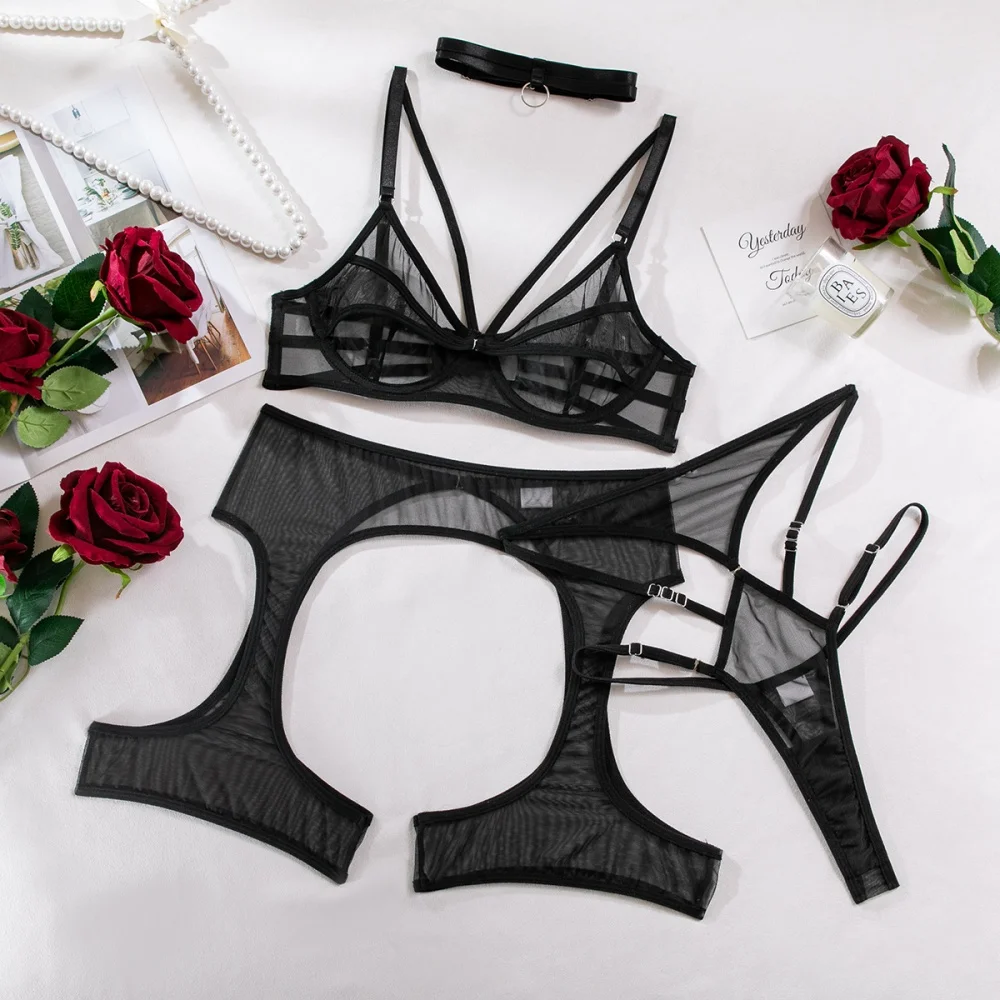 Krasapt Ultra Sexy Black Hollow Out Lingerie 4Pcs Sets With Choker Mesh See-through Unlined Bra Panty Garter Erotic Intimate Set