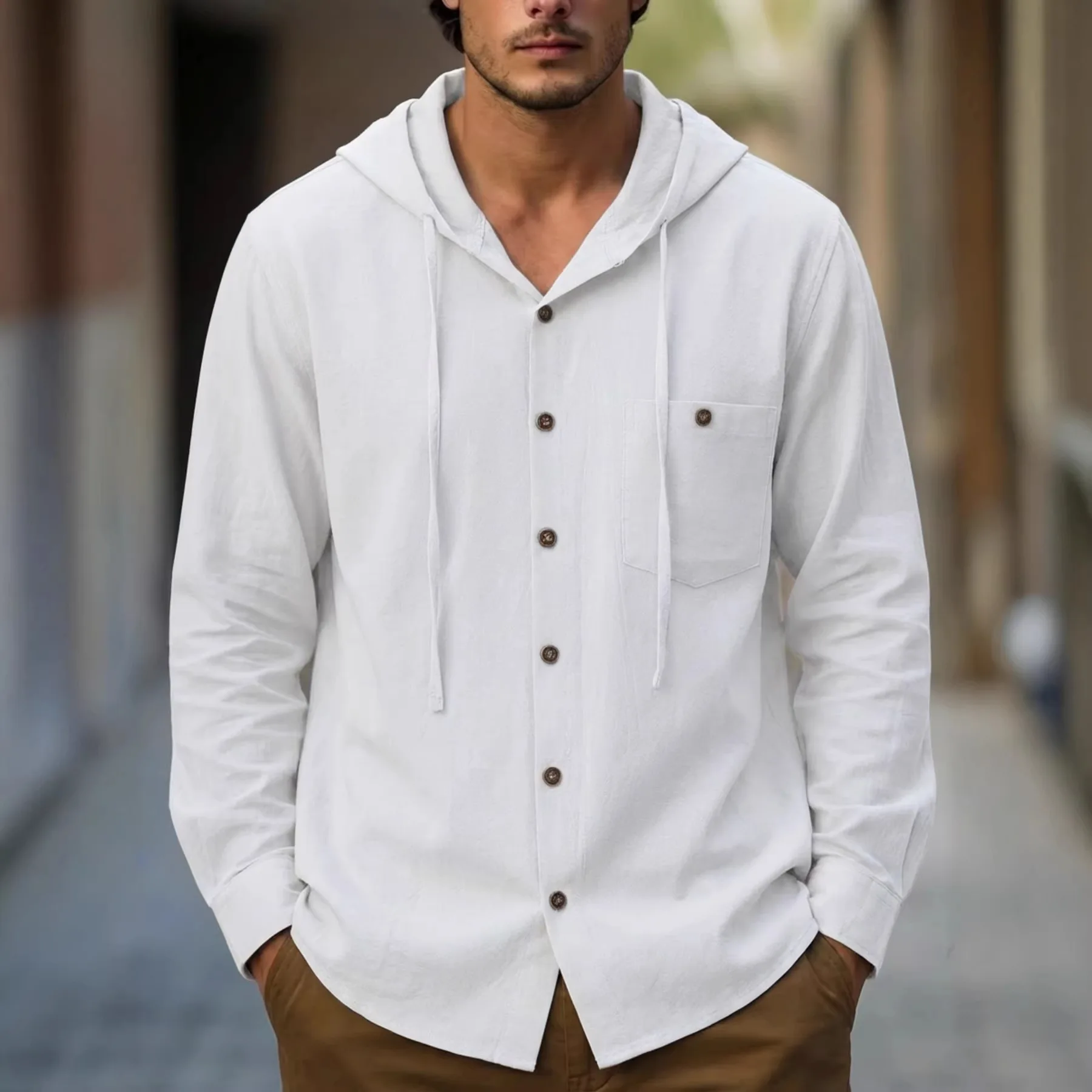

Solid color Men's Cotton and Linen Shirt 2026 New Fashion Men's pocket Casual Beach Long sleeved Hooded Shirt Men's casual shirt