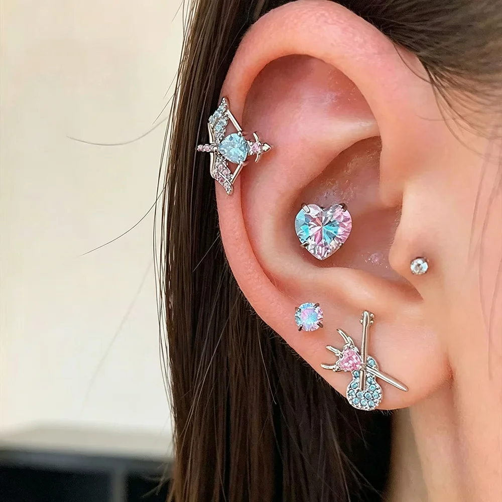 1PCS Creative Violin Bow and Arrow Blue Pink Stainless Steel Earrings Music Lover Gift Helix Cartilage Piercing Stud Y2K Jewelry