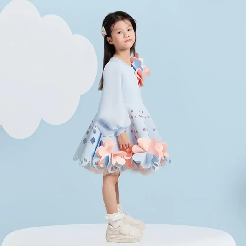 

New Fashion Flower Girl Dresses Appliques Puff Sleeve Patchwork Ball Gown A4176 Brithday Party Dress Vestidos Autumu Winter
