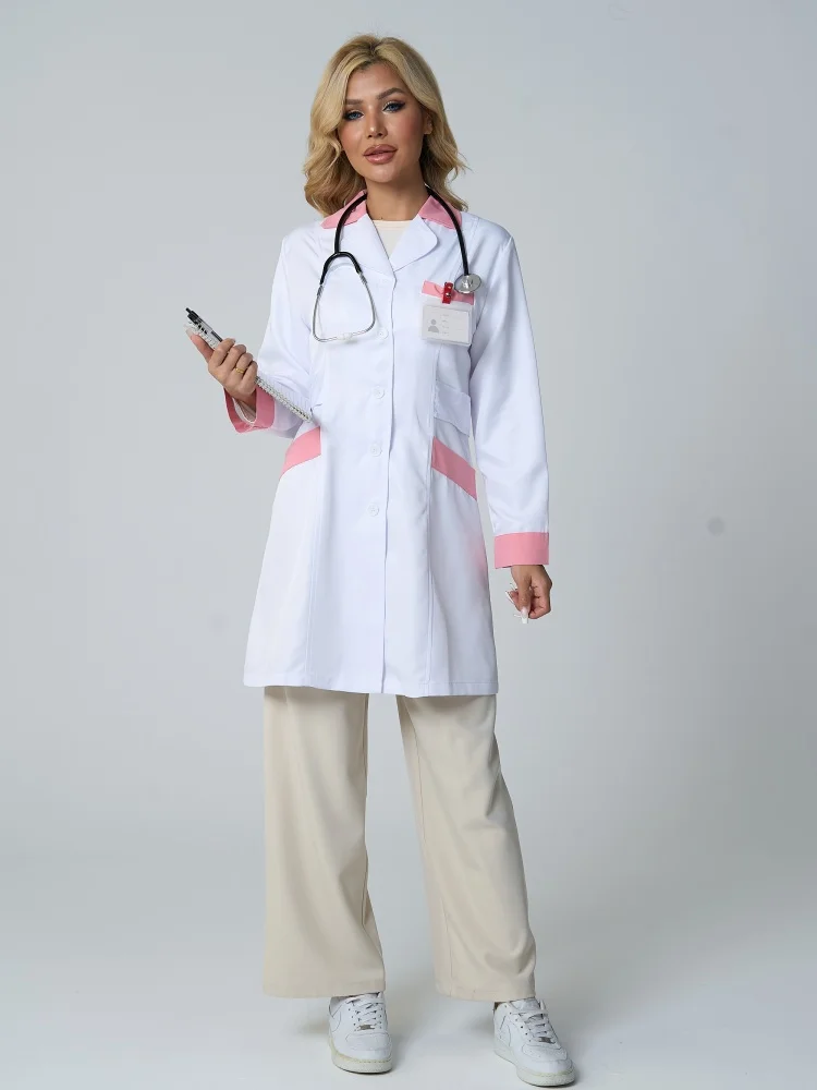 Doctors Nurses Long Sleeves Costumes Women's Stand-Up Collar Single-row Buckle Cardigan Long Coat Laboratory Work Uniform