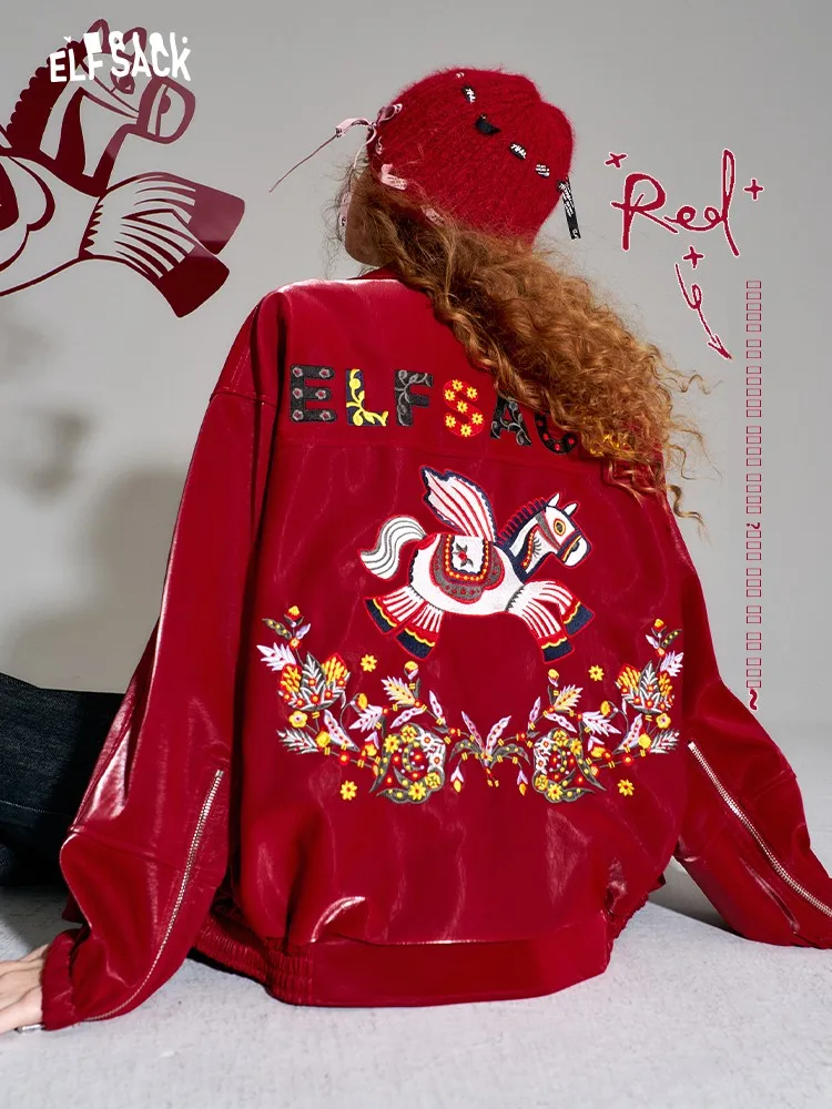 Ele Red Embroidered  Motif Leather Jaet Women's Winter Outerwear New Year's Robe Casual Loose Fit PU Leather