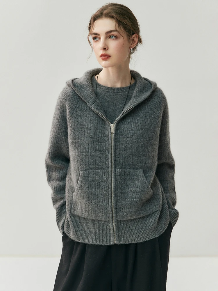 

Women's 100% Pure Cashmere Cardigan Sweater High-end Soild V-neck Hooded Zipper Casual Knitted Jacket Autumn Winter Thick Warm