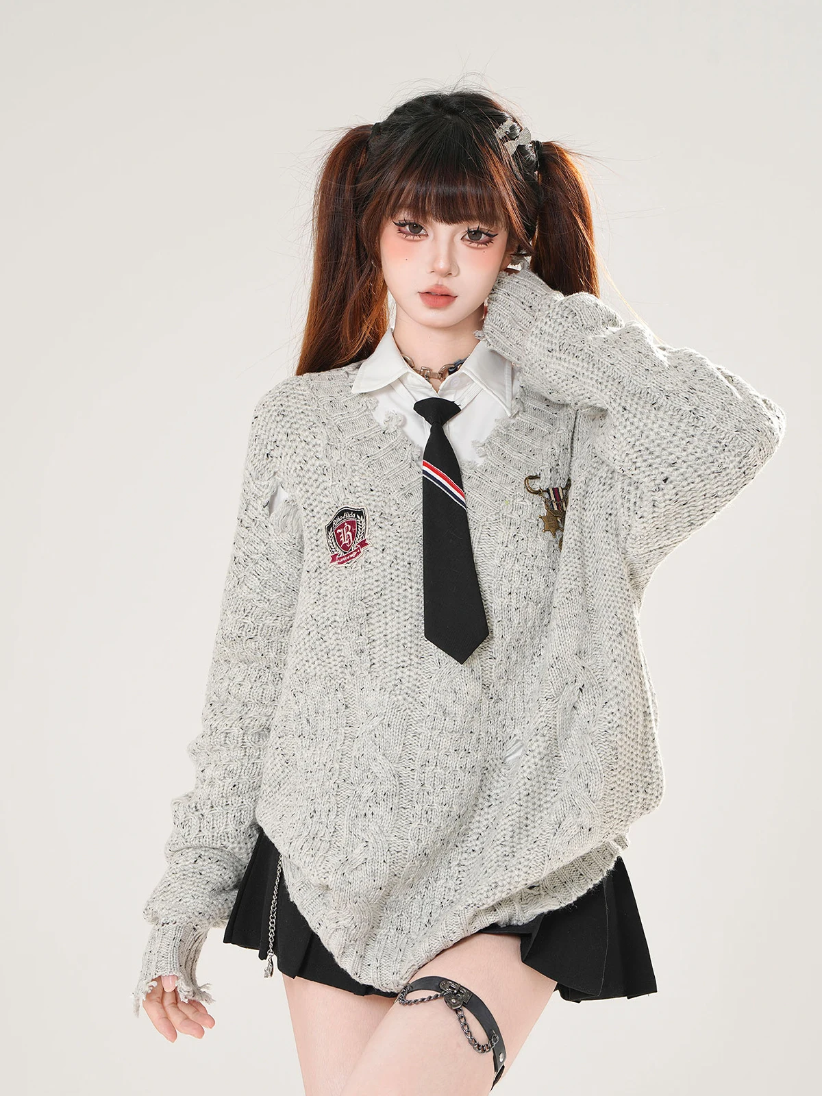 

Kit American College Sle Knitted Sweater Women Loose Slim V-Ne Overhead Top Autumn Faion Casual Polyester Blend