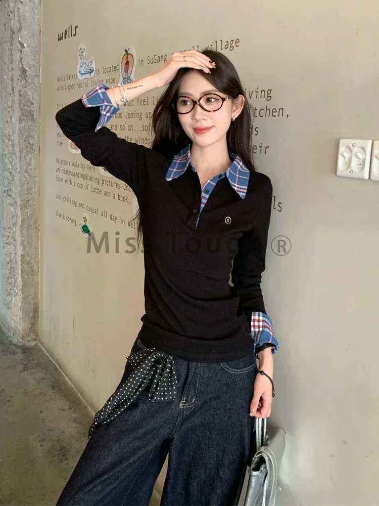 Harajuku Autumn Fake Two Pieces Shirt Women Polo Collar Elegant Long Sleeved Slim Tops Korea Chic Plaid Casual T-shirt Winter