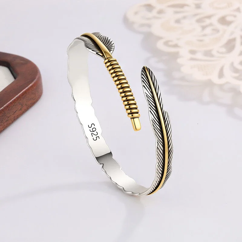 925 Sterling Silver Bracelets for Women Men String Accessories Retro Feather Shape Pattern Pendant Party Jewelry Gift