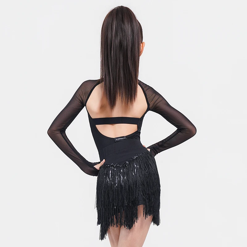 Girl Latin Dance Clothes Long Sleeve Bodysuit Fringe Skirt Children Latin Performance Costume Cha Cha Samba Training Wear 5013