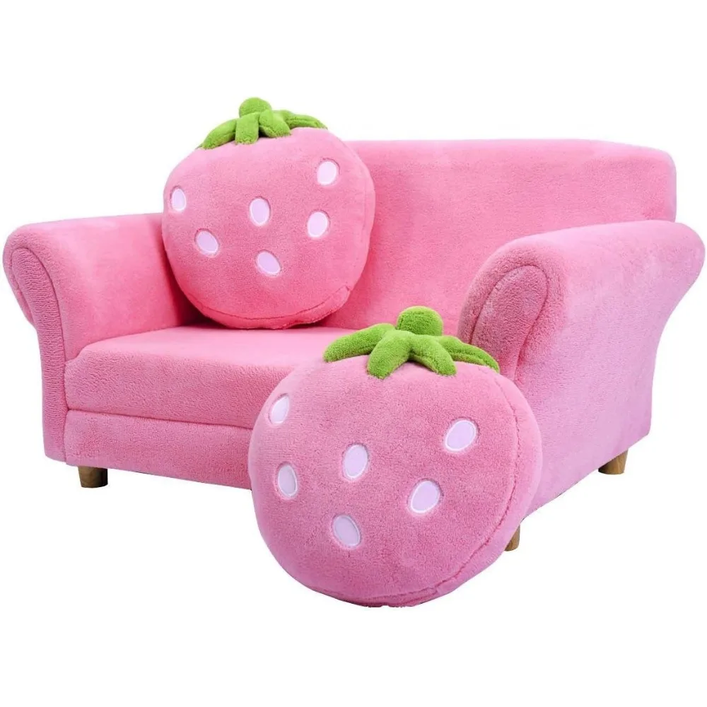 Sofá para niños, sofá infantil rosa de doble asiento con 2 almohadas de fresa, silla con reposabrazos para niños pequeños para dormitorio, sala de estar