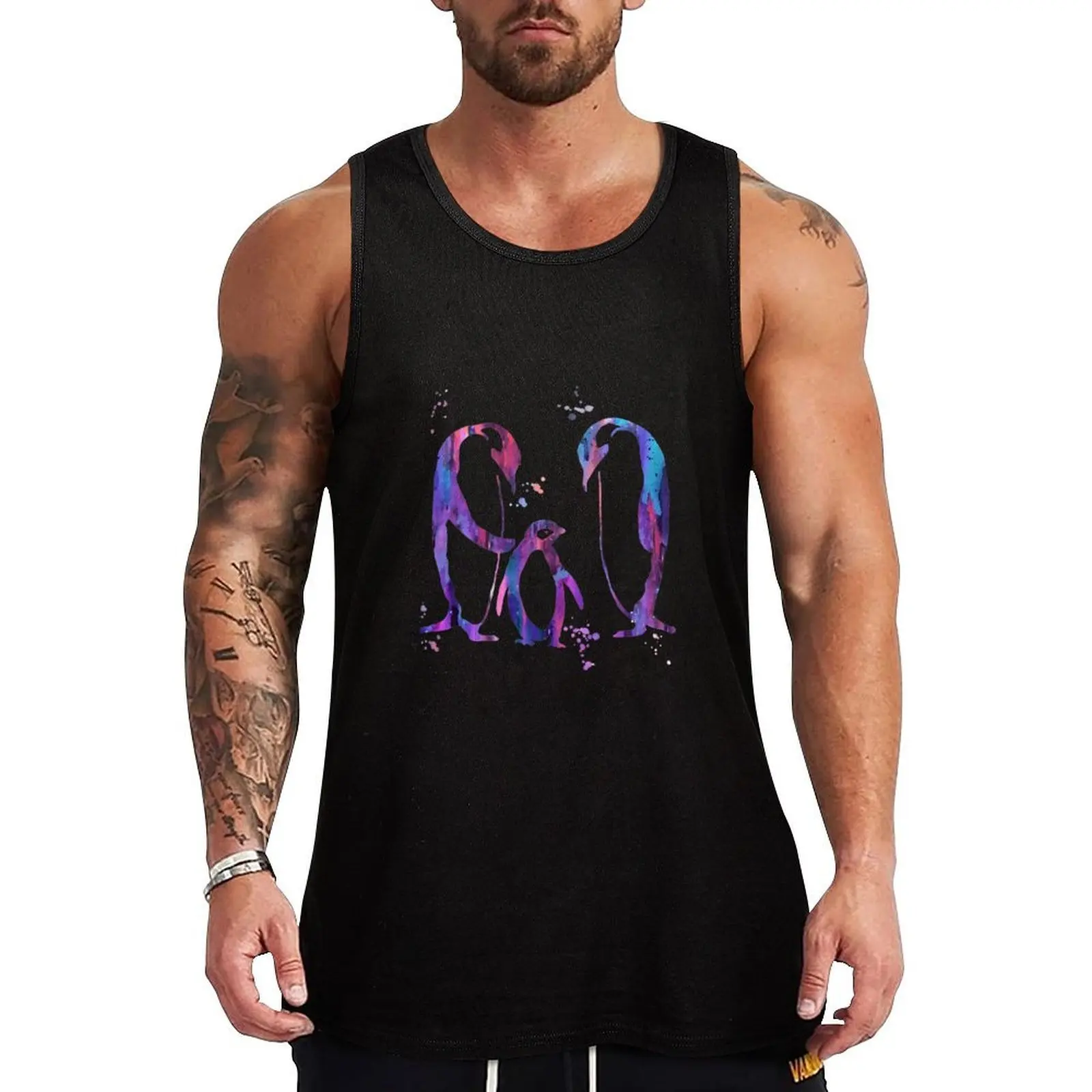 Penguins in love, Penguin family, Penguin print, watercolor Penguin Tank Top Stretch Fabric Tank Top Flexible Comfort Sleeveless