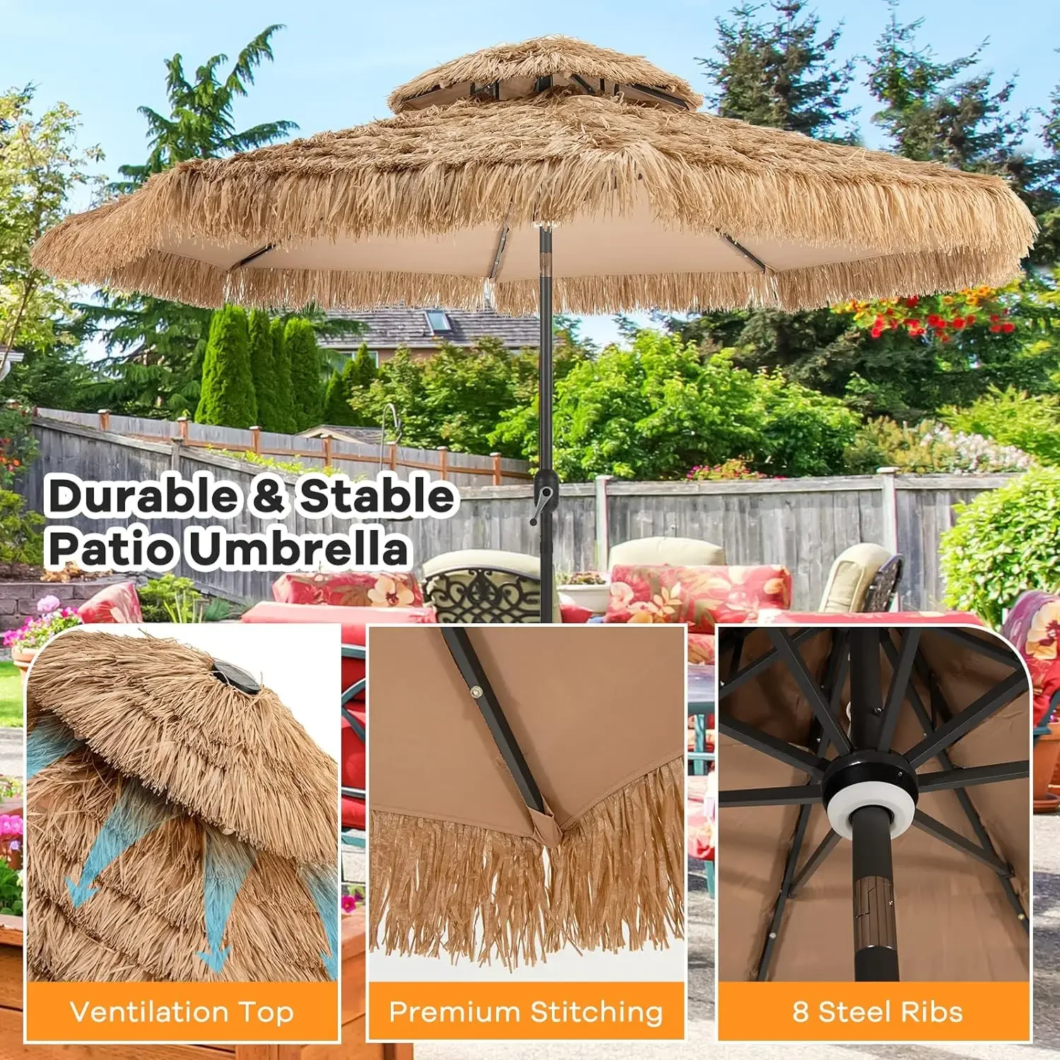 10 ft Thatched Patio Umbrella, 2 Tier Hawaiian Style Grass Beach Umbrella with 32 Led Lights, Center Light, Solar Tiki Umbrella