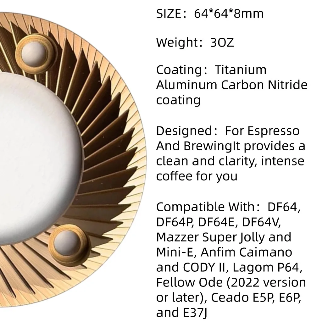 Super disco chapado en titanio, modo único, pulido de espresso, 64 mm, adecuado para DF64, DF64P, DF64E, DF64V, Mazzer Super Jolly