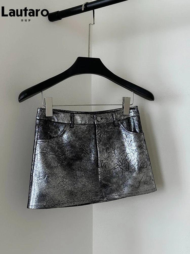 Lautaro Summer Autumn Silver Reflective Shiny Patent Pu Leather Mini Skirt Women High Waist Sexy Y2K Clothes 2000s Streetwear