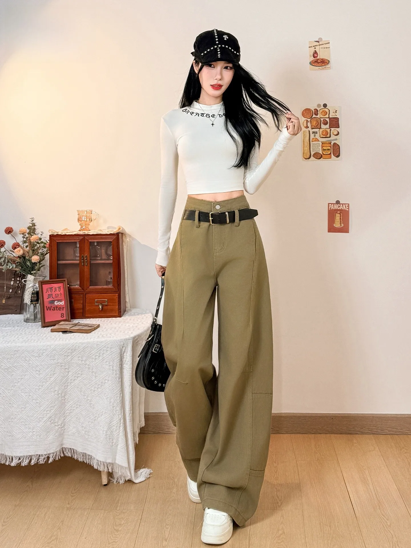 

Джинсы с высокой талией и широкими штанинами, женские, в американском стиле, винтажные, светло-коричневого цвета, весенне-летние, повседневные, свободного кроя, универсальные брюки