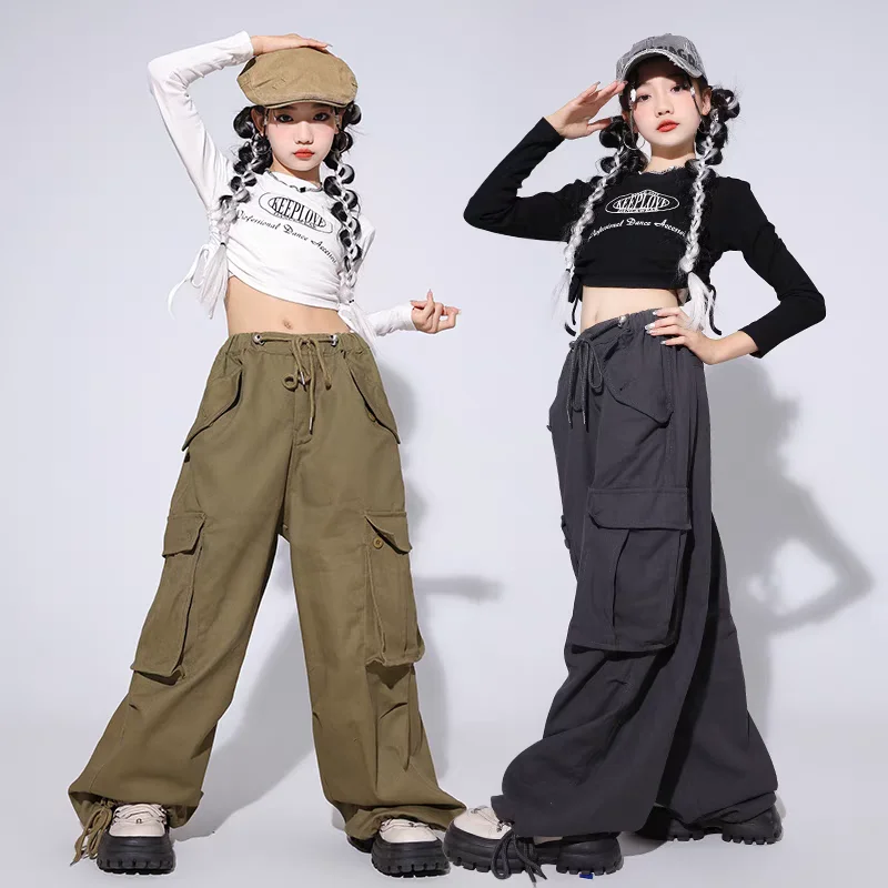 Mädchen Hip Hop Crop Top Lose Cargo Hosen Kleidung Sets Mode Street Dance Outfits Gruppe Streetwear Jazz Bühne Zeigen Kostüm