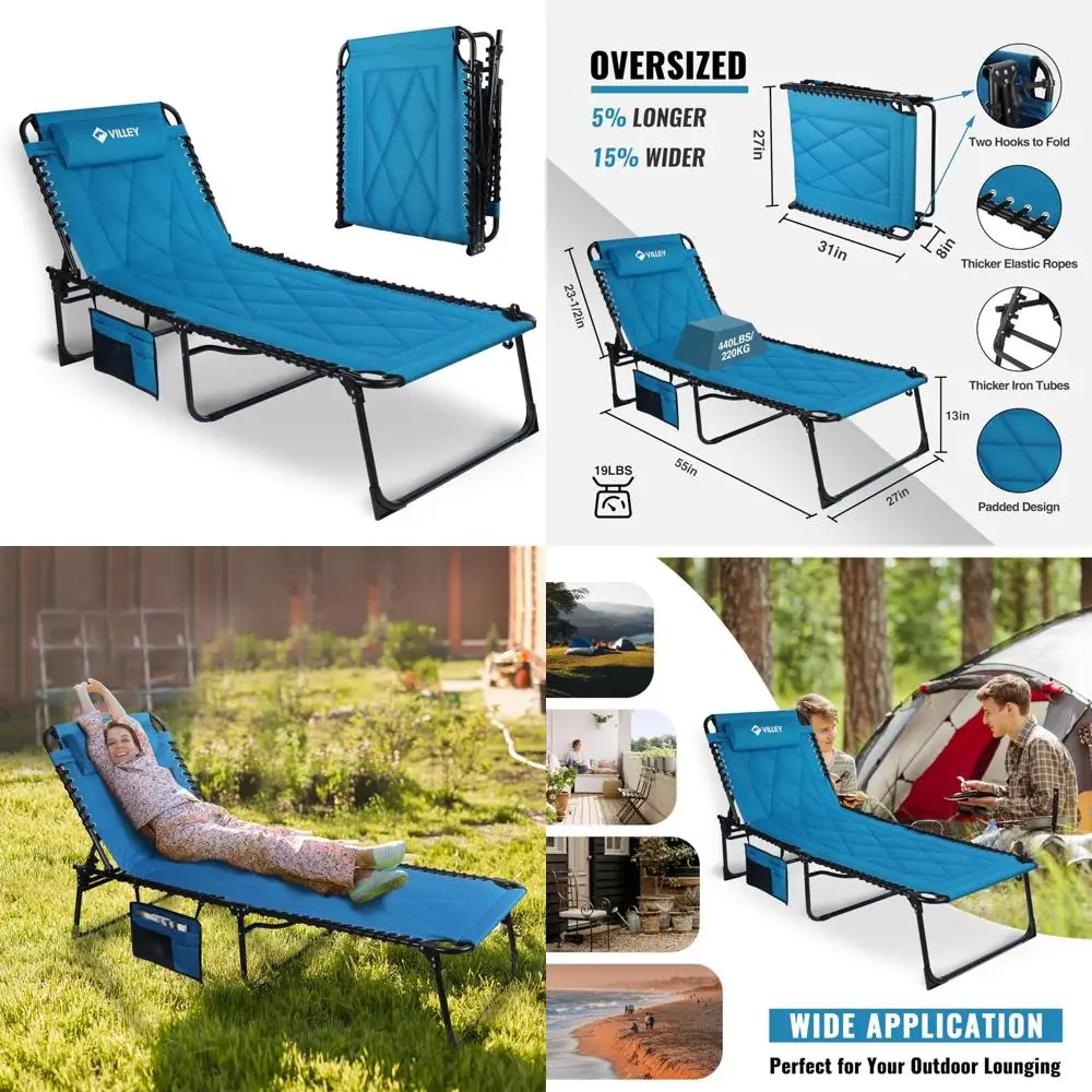 Oversized Cushioned Chaise Lounge, Foldable Camping Cot, Reclining Patio Chair, Folding Sleeping Bed