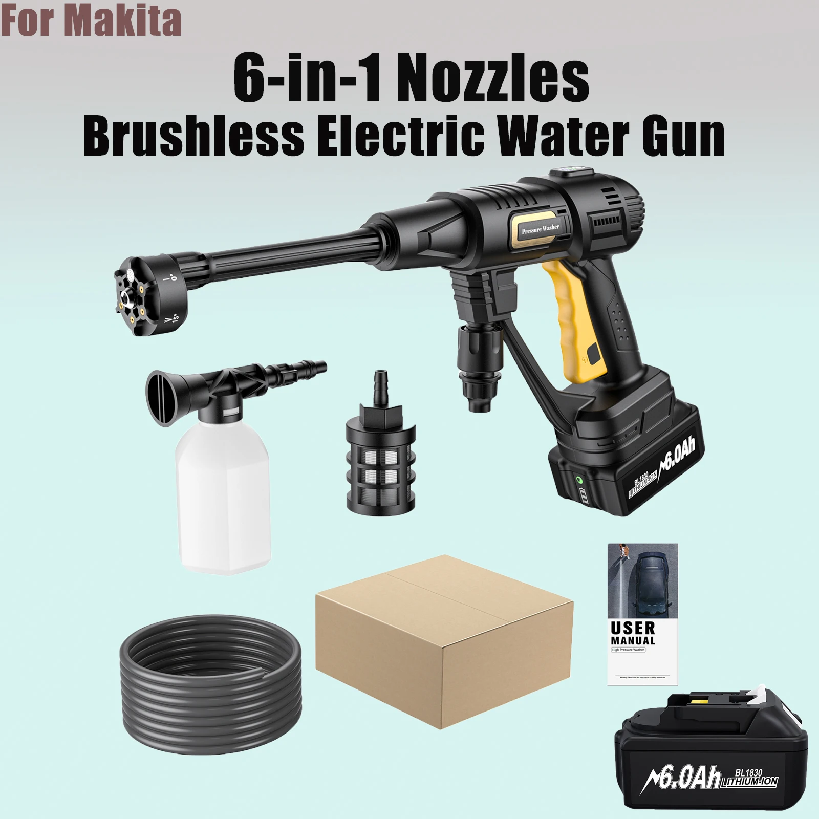 

6.25 MPa pressure Brushless Electric Water Gun 6-in-1 Nozzles Car Cleaning Garden Watering Suit for Makita 18V Battery Spray Gun