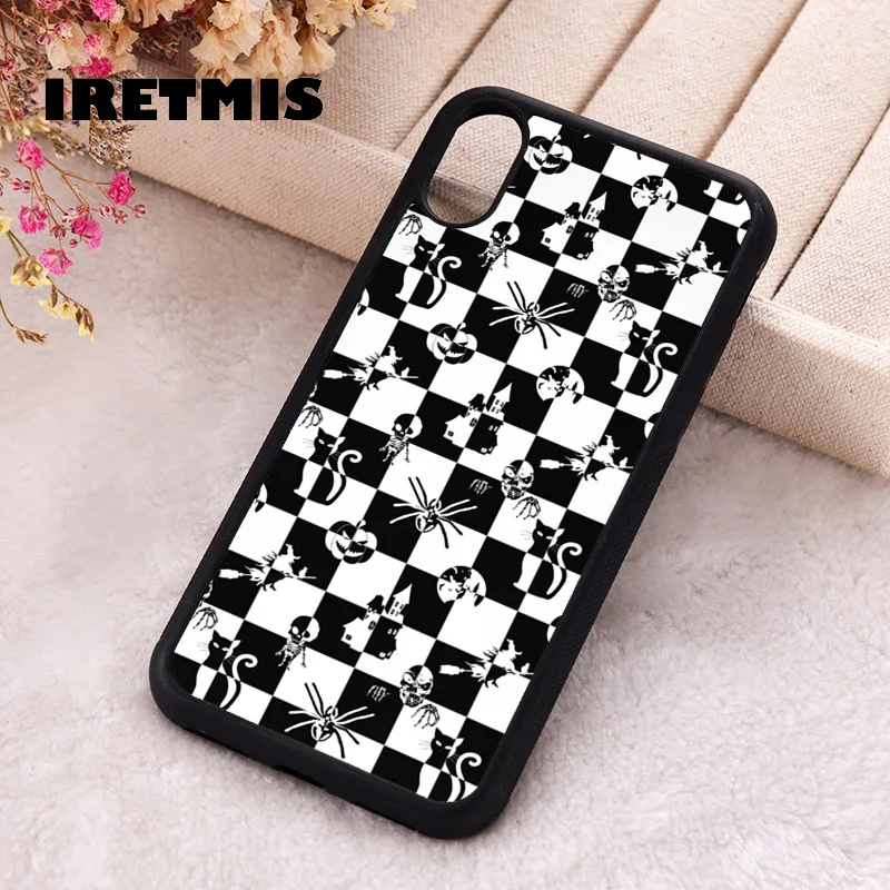 Iretmis 5 5S SE Phone Cover Case for iPhone 6 6S 7 8 Plus X Xs XR 11 12 13 MINI 14 Pro Max Black White Vintage Halloween Check