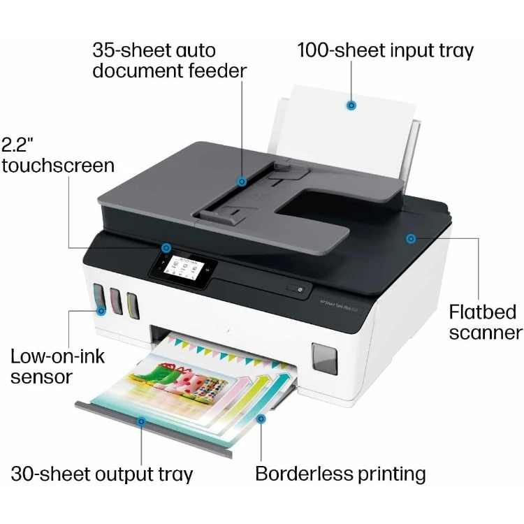 Tank Plus 651 Printer tinta, Printer semua dalam satu nirkabel, tinta hingga 2 tahun dalam botol, pengumpan dokumen otomatis, motif ponsel