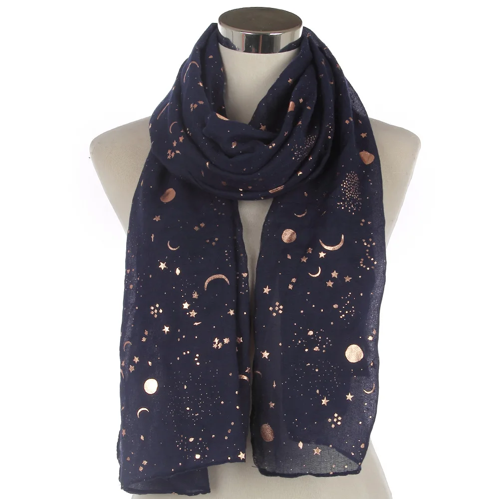 Star Moon Foil Scarf Women Cotton Voile Scarves Hijab Femme Musulman Fashion Shawl Wrap Headband 180-70cm Wholesale Scarfs