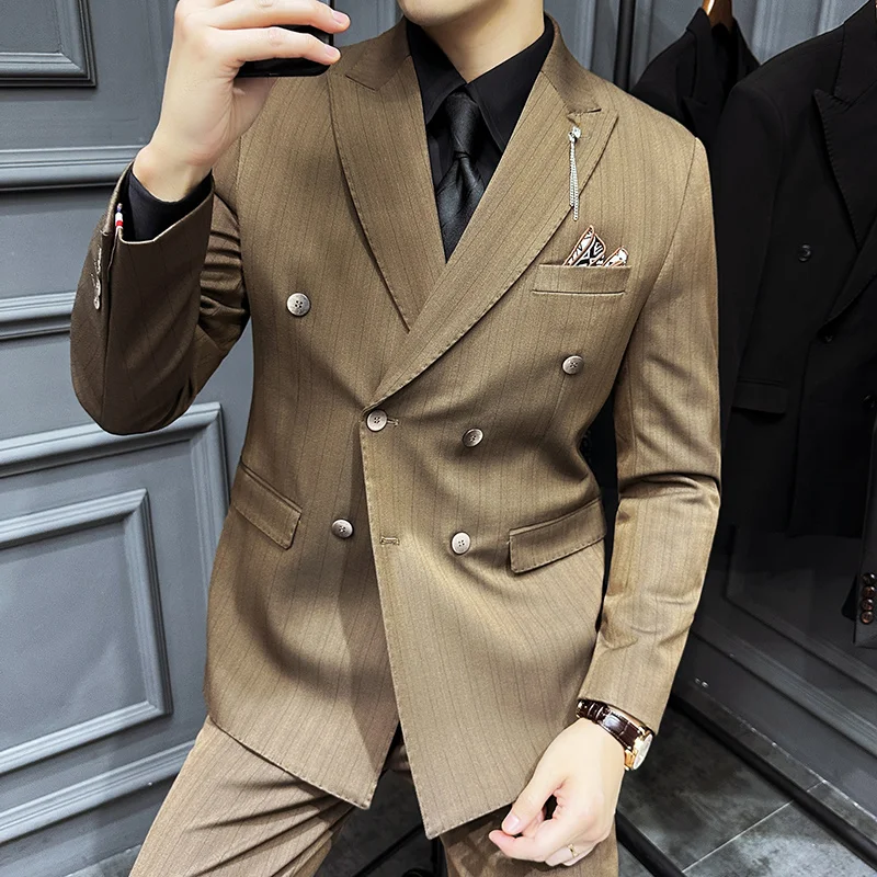 

（Jacket+Vest+Pants）Haute Couture Men Double-breasted Striped Suits Men Business Social Formal Wear 3-piece Suit Men Wedding Suit