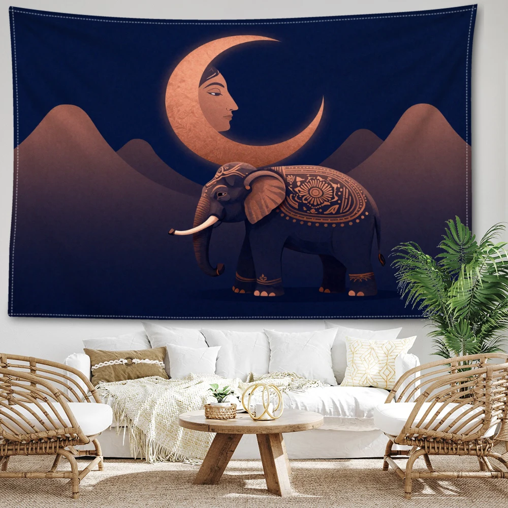 Deep Blue Moon Face Elephant Mountains Wall Tapestry, Mystic Boho Decor