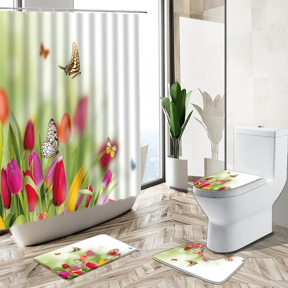 Colorful Tulip Flower Shower Curtain Spring Butterfly Green Plant Pastoral Scenery Non-Slip Rug Toilet Cover Bathroom Deco Set