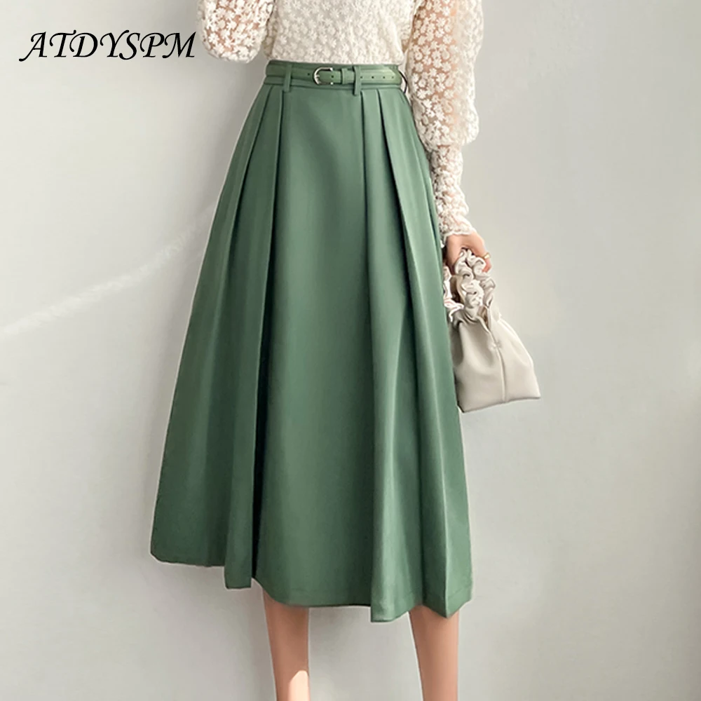 

High Waist A-Line Skirts For Women Simplicity Fashion Office Lady Pleated Long Skirts With Belt 2024 All-Match Casual Suit Skirt