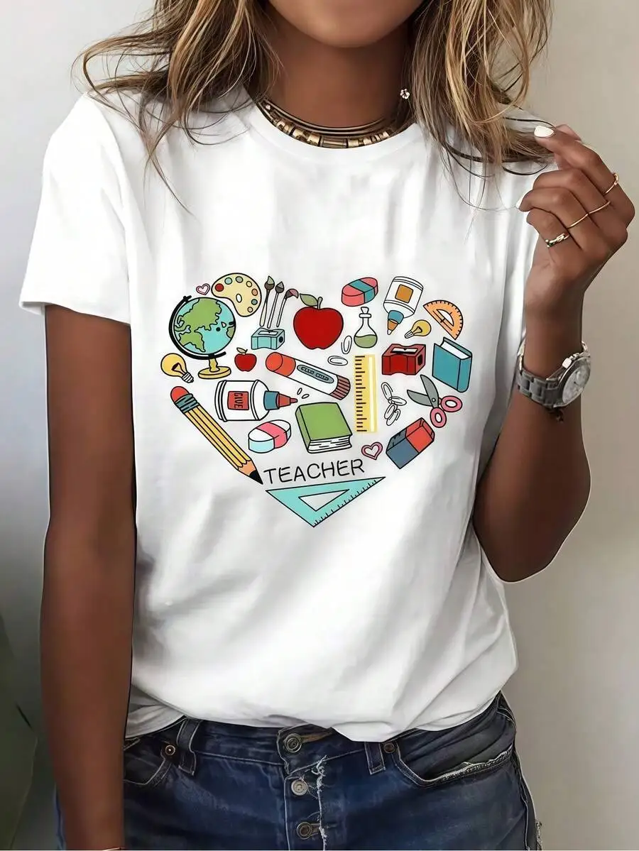 Vacation‑Vibe Women Short‑Sleeve T‑Shirt Crew Neck Beach Postcard Pattern Print Cream Summer Daily Wear Tops