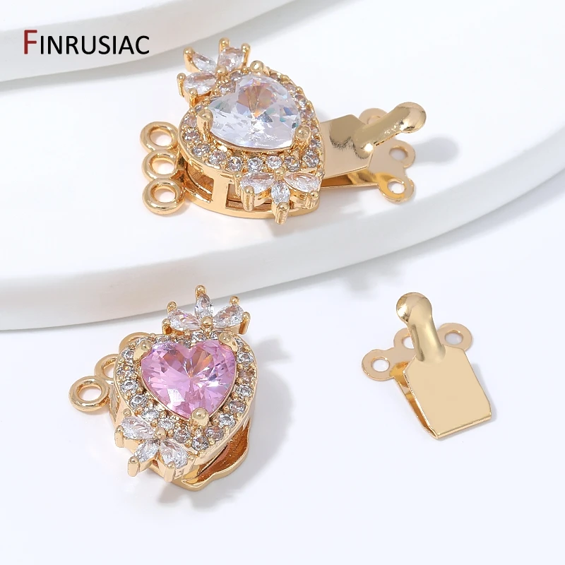 18K Gold Plated Brass Luxury Crown Heart Insert Clasps,Zircon Multi-strand Box Lock for DIY Pearl Jewelry Making Accessories