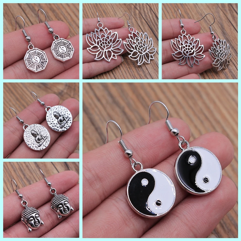 Vintage Religion Chinese Tai Chi Taoist Buddhism Buddha Lotus Dangle Earring Drop Earring For Women Girl Gift