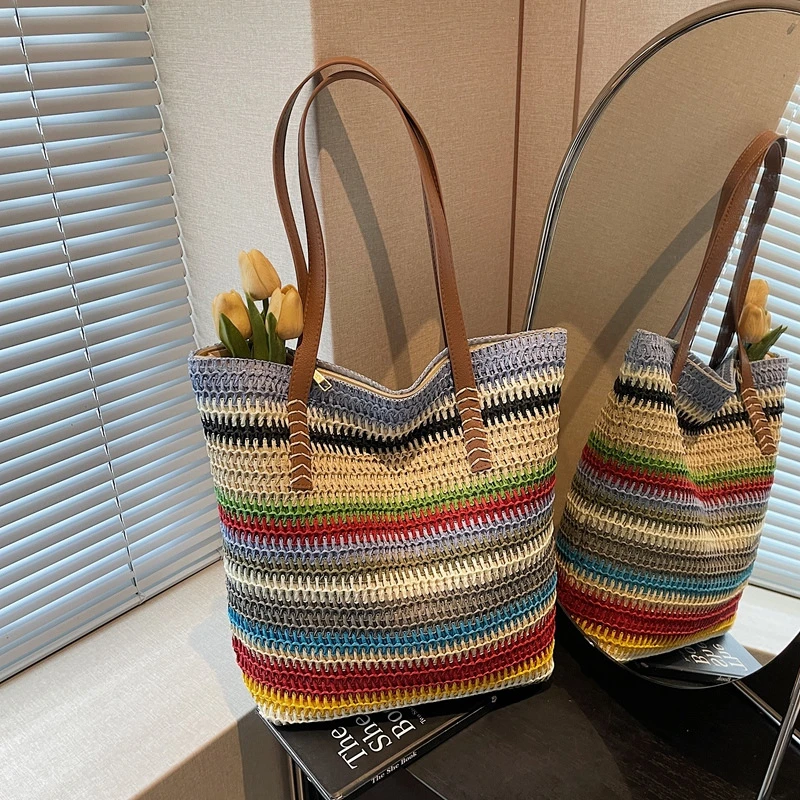 

Colorful Striped Straw Tote Bag Large Capacity Crochet Shoulder Bag Summer Beach Travel Vacation Handbag With Leather Top Handle