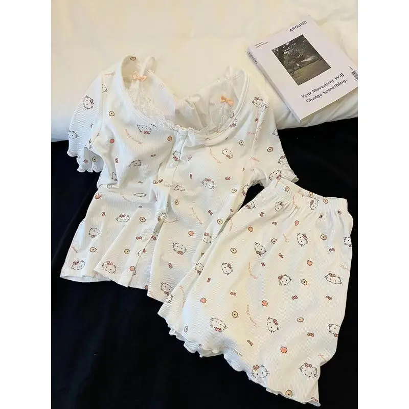 

Sanrio Kawaii Pajamas Hello Kittys Suit Summer New Style Cartoon Girl Slim Comfortable Sweet Breast Pad Student Home Clothes